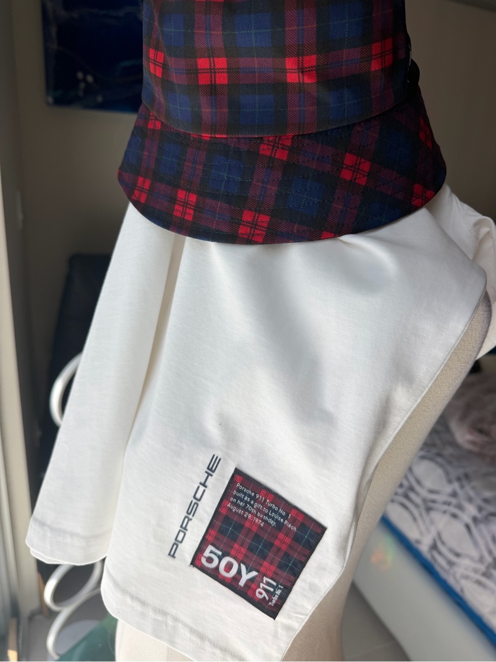 Porsche Design White Short-Sleeve Tee with Red & Navy Plaid Patch